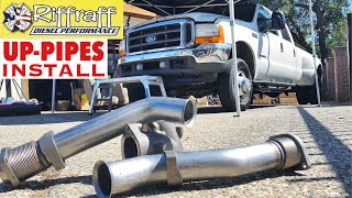 2001 F350 73  RiffRaff UpPipes Install  Stock up pipes leaking and falling apart JUNK SP [upl. by Atnuahsal574]